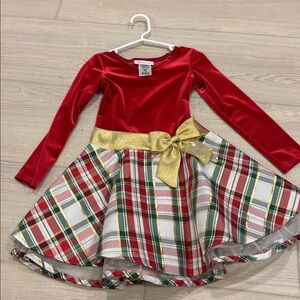 Red and Plaid Dress with Gold Bow